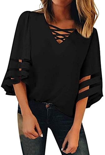 fasloyu Women's V Neck Mesh Panel Blouse 3/4 Bell Sleeve Casual Loose Top Shirt