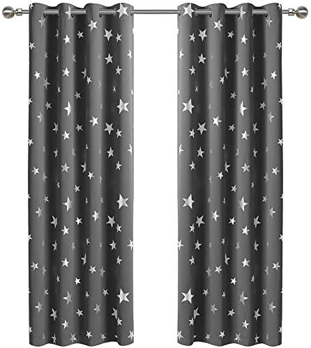 Anjee Eyelet Blackout Curtains Silver Stars Thermal Insulated Curtains 2 Panels 46 x 72 inch for Children's Room/Nursery Create Space-Themed Room for Kids Grey