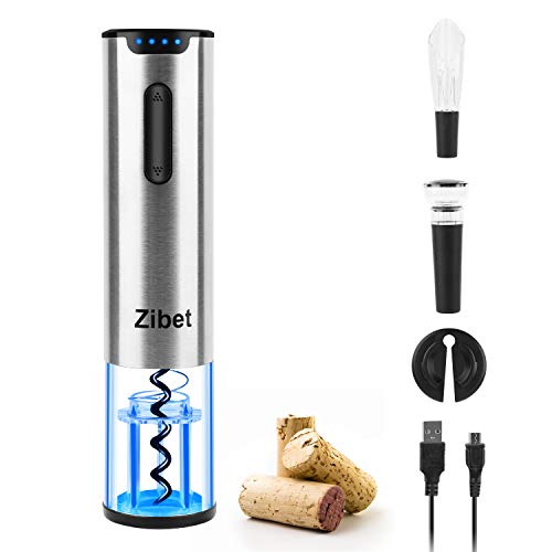 Zibet Rechargeable Electric Wine Opener,Automatic Electric Wine Bottle Opener Corkscrew with Foil Cutter,Wine Pourer and Vacuum Stopper (Stainless Steel)