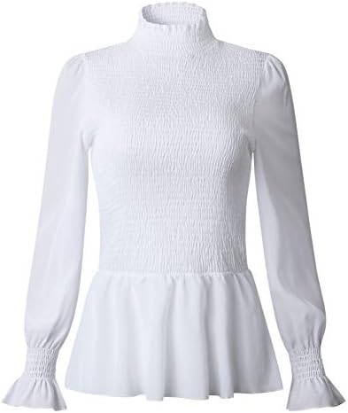 Womens Elegant High Neck Bell Long Sleeve Chiffon Ruffle Pullover Crop Flare Peplum Tops Blouse