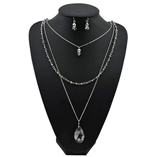 Bocar 3 Layer Jewelry Set Long Chain Pendant Bead Necklace Earring for Women (NK-10036-Grey) - Thumbnail 2