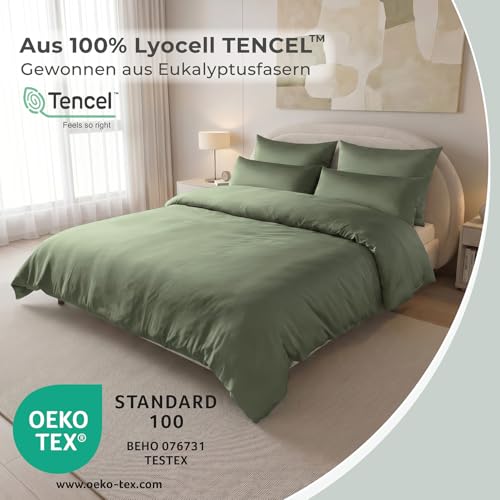 LAYNENBURG Premium Lyocell Bettwäsche in 135x200 + Kissenbezug 80x80 cm - 100% Lyocell Tencel aus u.a Eukalyptus – Oeko-TEX 100 - kühlende Sommer-Bettwäsche mit Reißverschluss (dunkelgrün)