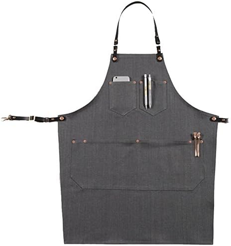Phonyeer Long Gray Denim Apron Leather Waist Strap Barber Florist Barista Catering Work Wear