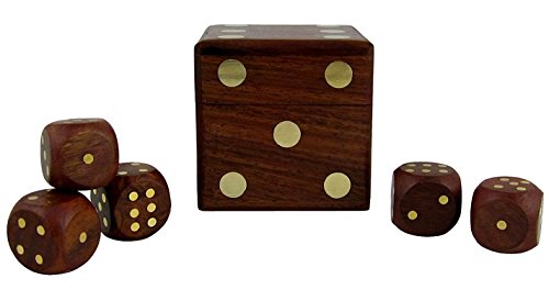 UnitedPrime Classic Dice Rolling Game Wooden Square Box Storage Case with 5 Dice Wood Handmade
