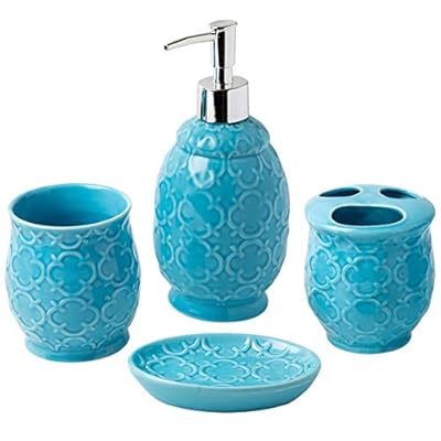 Designer 4-Piece Bathroom Accessory Set - Moroccan Trellis Design Blue 41qeTj77zjL. SS400