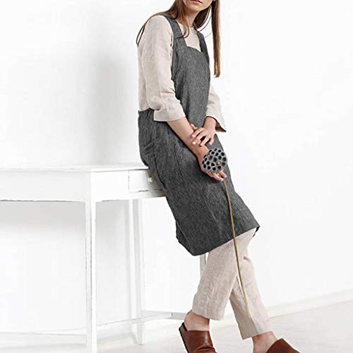 TIFENNY Women Cotton Linen Stripe Pinafore Square Cross Apron X Backless Garden Work Pinafore Dress with Pocket Gray