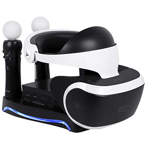 Puroma Upgraded 4-in-1 Charge & Display Stand for PS VR with Storage Headpiece Holder, 2 Move Controllers Charging Station and Processor Unit Stand