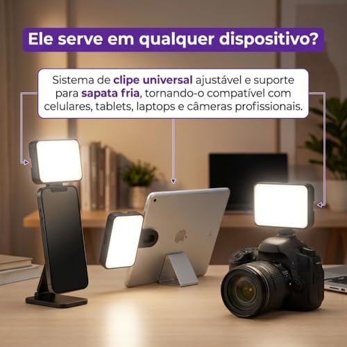 Luz de selfie para Vídeo com Presilha perfeito para Celular, Computador, Portátil, Recarregável USB, para Fotografia, Selfie, Videoconferência, Led premium
