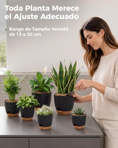 Macetas Autorriego de Interior, Tiesto de Plástico con Base Integrada, Pack de 6 (20/18/17/15/14/13 cm), para Cocina, Balcón, Jardín y Vivero Interior macetas Negro