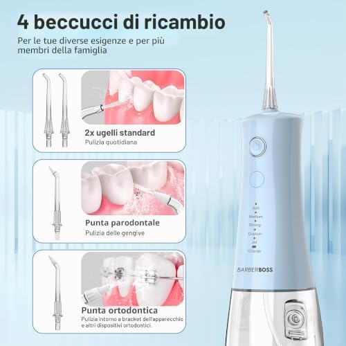 idropulsore dentale, irrigatore orale elettrico senza fili, 5 modalità di pressione, serbatoio da 340 ml, impermeabile IPX8, dispositivo portatile per la cura delle gengive (Blu Pastello)