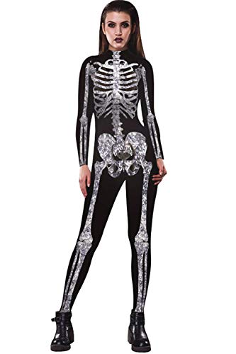 ZHONGJI Halloween Jumpsuit Human Skull Skeleton Bone Bodysuit 3D Print Funny Skinny Stretch Costume (X-Large, White)
