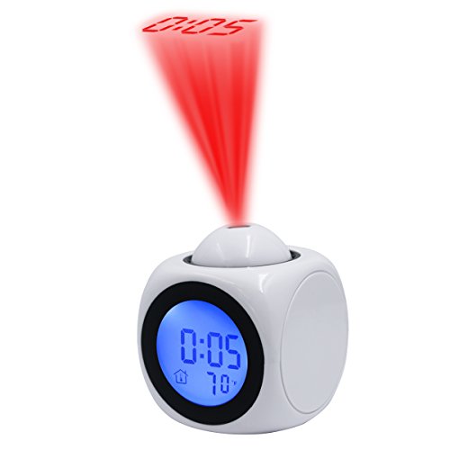 Hippih Projection Alarm Clock with Soft LED nightlight ,Snooze,Sleep Timer,Indoor Time/Temperature/Day/Date Display Digital Bedside clock(white)
