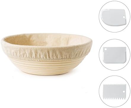 10" Banneton Bread Proofing Basket Round Brotform Dough Rising with Liner Bowl Scraper
