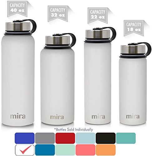 MIRA 22 Oz Stainless Steel Vacuum Insulated Wide Mouth Water Bottle with 2 Caps | Thermos Keeps Cold for 24 hours, Hot for 12 hours | Double Walled Powder Coated Travel Flask | White