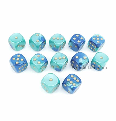 Chessex Gemini Signature Series Dice 16mm d6 Set (12) Blue Teal w/ Gold (CHX26659) by Chessex Dice