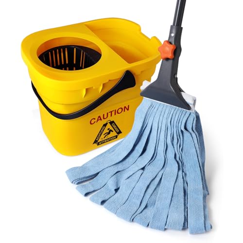 CLEANHOME String Mop and Bucket Set,Heavy Duty Microfiber Mop for Kitchen Basement Cleaning and Collapsible Mop Bucket on Wheels for Mop Cleaning
