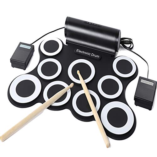 Electronic Drum Set, Christmas Gifts for Kids 9 Pads Roll Up Drum Kit Practice Pad Midi Drum Kit with Headphone Jack, Built in Speaker and Rechargeable Battery, Drum Stick, Foot Pedals. - Thumbnail 5