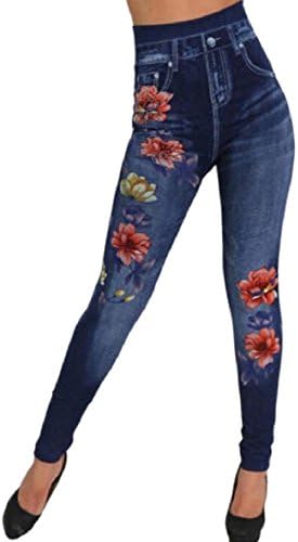 ONTBYB Women's High Waist Denim Fake Jeans Floral Print Leggings