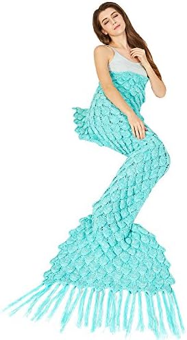 Y-stop Mermaid Tail Blanket with Scale Knit Crochet for adult Kids Girls, Super Warm Soft All Seasons Sleeping Blankets 6 Styles (Length-71", Tassels-Green)