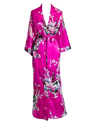 Old Shanghai Women's Kimono Long Robe - Peacock & Blossoms - Fuchsia (on-seam pocket)