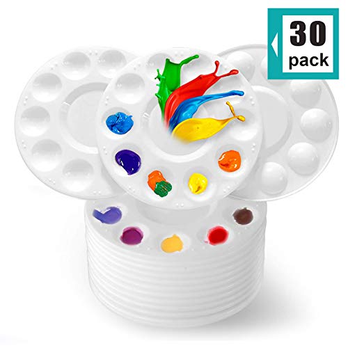 CENTSTAR 30 Pcs Round Paint Tray Palettes Plastic for Acrylic Oil Watercolor Craft DIY Art Painting Palettes, White (30 PCS)