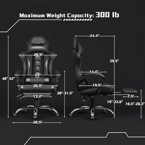 Yaheetech Gaming Chair, Video Game Chair with Massage Lumbar Support and Footrest Height Adjustable Ergonomic Computer Chair with Swivel Seat and Headrest, Full Black