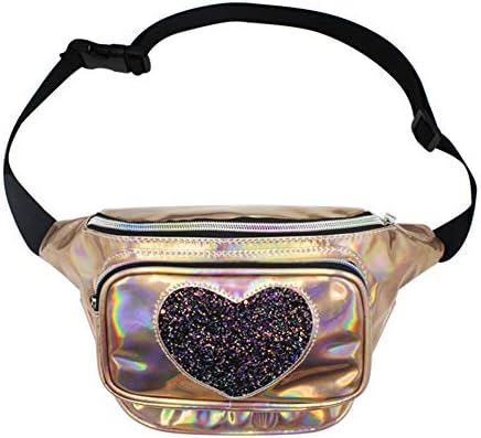leomoste Holographic Fanny Pack Cute Iridescent Waist Bag Heart Sequin Rainbow Bum Bag with Adjustable Belt for Party Festival Rave Trip
