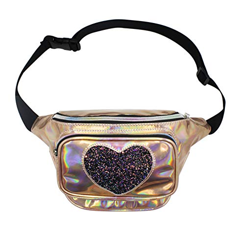 leomoste Holographic Fanny Pack Cute Iridescent Waist Bag Heart Sequin Rainbow Bum Bag with Adjustable Belt for Party Festival Rave Trip