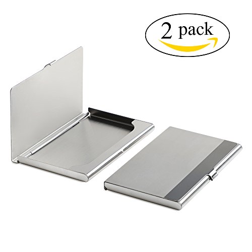 WOVTE Portable and Steady Stainless Steel Metal Business Name Card Credit Card Holder ID Card Case Organizer Silver Slim Pack of 2