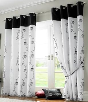 Tahiti Lined Black White Embroidered Voile Curtains With Chrome