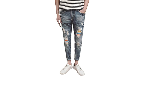 Amazon.com: Para hombre prelavados Ripped agujero jeans fino Skinny pies  pantalones Beggars noveno pantalones, 34, Azul : Ropa, Zapatos y Joyería