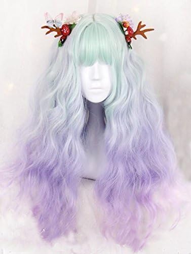 Women Girls Harajuku Sweet Lolita Wig Super Natural Club Costume Party Daily Hair with Wig Cap (Green Purple Ombre)