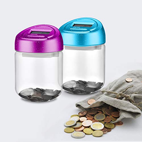 Younion Digital Coin Bank, Automatic Coin Counter Totals All U.S. Coins, Clear Money Saving Jar with LCD Display, Purple