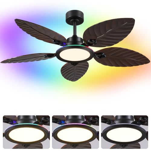 RGB Tropical Outdoor Palm Leaf Ceiling Fans with Light,52” Flush… at Amazon