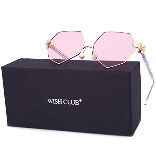 WISH CLUB Women Polygon Sunglasses Flat Clear Transparent Lens Fashion Metal Frame UV 400 Fashion Trendy Glasses (Pink)