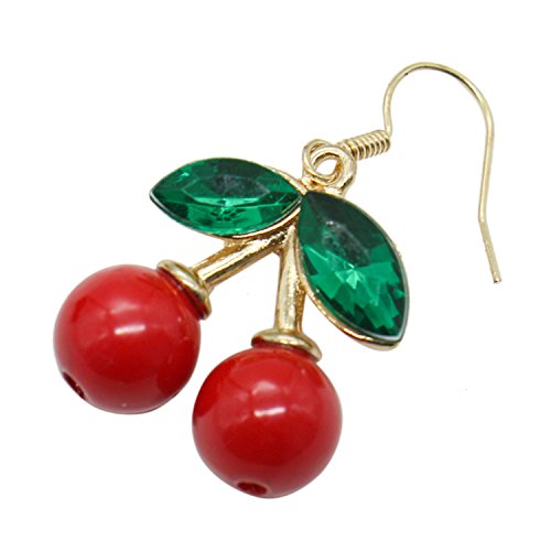 Buorsa 2 Pairs Gold Plated Red cherry Charm& Green Crystal Leaf Women Hook Dangle Drop Earrings(2 Size)