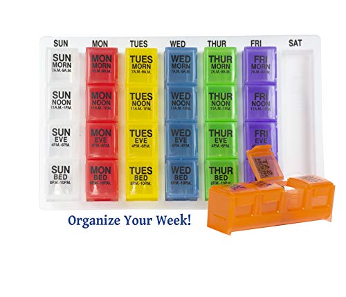 GMS 7 Day Pill Organizer Tray - Large with Removable Daily Pill Boxes with 4 Compartments Each for Storing and Organizing Prescriptions and Other Meds - Rainbow