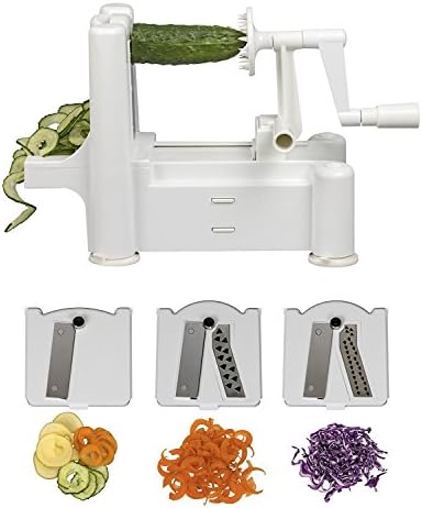 Veneto Kitchen 3 Blade Vegetable Spiralizer; Stainless Steel Blades, BPA-Free, Hand Operated, Slices Root Vegetables, Zucchinis, Cucumbers, and More for Healthy Eating