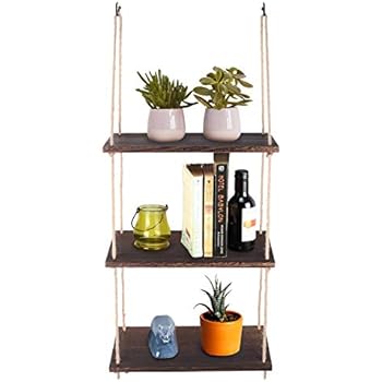 TJ.MOREE Hanging Plant Shelf 3 Tier Window Shelves - Rustic Wood Shelves Farmhouse Hanging Rope Shelf - Boho Decoration Display Plant Rack (Dark Brown)