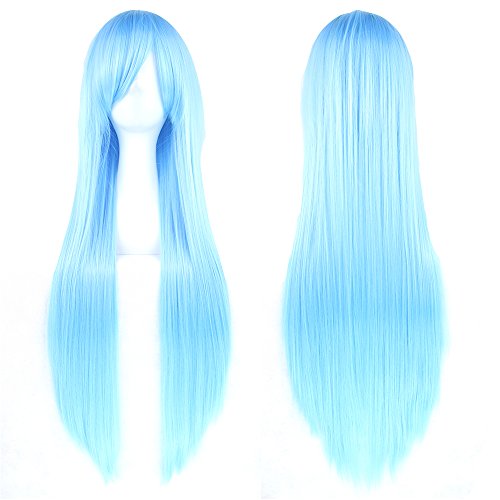 S-SSOY Women's 32" Water Blue Long Straight Full Wigs Heat Resistant Costume Synthetic Hair Hairpieces with Oblique Bangs for Halloween Anime Cosplay Party Girl Women +Wig Cap