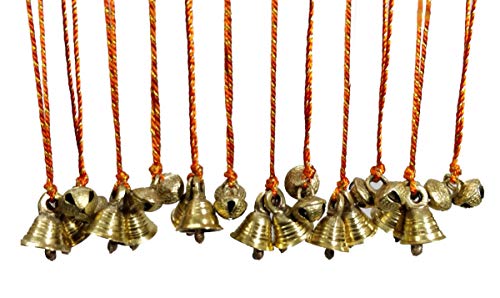 AzKrafts Mini Brass Hanging Bells on String I Hanging Sleigh Bells, Regular Bells, Combo Bells, for Home Decor I Indian Hanging Jingle Bells on Braided String (6" String, 12 Pack, Sleigh+Reg Bells)