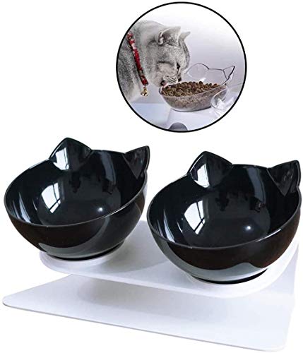 SKJIND Tilted Double Cat Bowls With Raised Stand,Transparent Non-spill Feeder Cat Feeding Bowl,Pet Food Water Bowl Perfect for Cats and Small Dogs (Double Bowls)