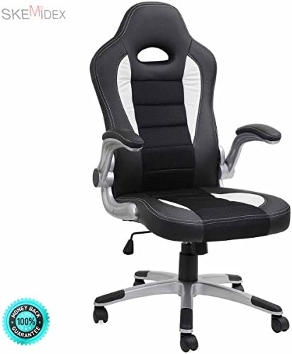 SKEMiDEX--- Office Chair Ergonomic Computer PU Leather Desk Swivel Seat Race Car Game black Soft PU and mesh fabric upholstered face Extra higher backrest to spare neck and spinal Adjustable strong.