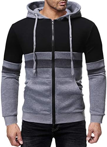 MOTOCO Men's Casual Long Sleeved Sweatershirt Stitching Color Drawstring with Front Pocket Hooded Zipper Pullover Top