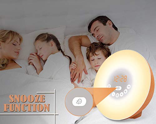 Sunrise Alarm Clock, Wake Up Light with 7 Colored Sunrise Simulation & Sleep Aid Feature, FM Radio, 6 Natural Sound and Snooze for Kids Adults Bedrooms (Brown-Wood)