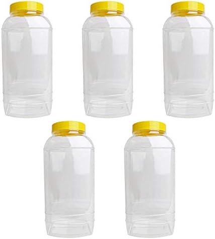 Oipps Pack of 5 x 5 L Ltr Litre Plastic Clear Jar with Yellow Lids Stackable PET Storage of Food Sweets Candy Biscuits Cookies Animal Treats Kitchen Shop Display