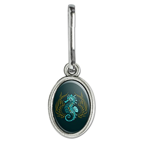 Blue Seahorse with Kelp Antiqued Oval Charm Clothes Purse Suitcase Backpack Zipper Pull Aid