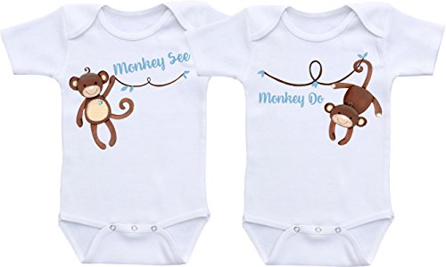Monkey See Monkey Do - Twin Bodysuit Twin Outfit Sets Gender Neutral Baby Clothes (3M Long Sleeve Bodysuit Set)