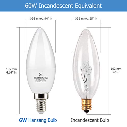 Hansang LED Candelabra Bulbs 6 Watt (60 Watt Equivalent),Daylight 5000K,600lm RA>83,Candle Bulb Base E12 for Chandelier B11 Ceiling Fan Bulb Non-Dimmable (6 Pack)