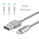 iPhone Charger, Teletrogy 3Pack 3ft 6ft 10ft Nylon Braided iPhone Charger Cable Sturdy and Tangle-Free with Aluminum Connector Charge and Sync Cord for iPhone SE 7 6s 6 Plus 5s, iPad Mini Pro - Gray